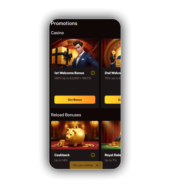 Wild Royal-aanbiedingen met bonusstappen en free spins in een koninklijke vormgeving.